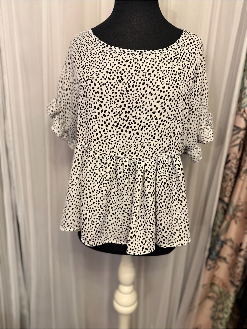 ALYA Francesca’s Black Ivory Spotted Peplum Ruffle Sleeve Blouse S